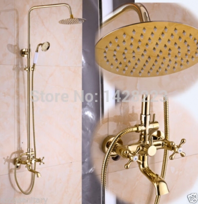 new elegant golden 8" brass rain shower head & handheld shower system set faucet wall mounted dual handles [golden-3299]