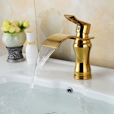 solid brass gold plated basin mixer modern gold finish faucet waterfall bathroom faucets [led-waterfall-faucet-6217]