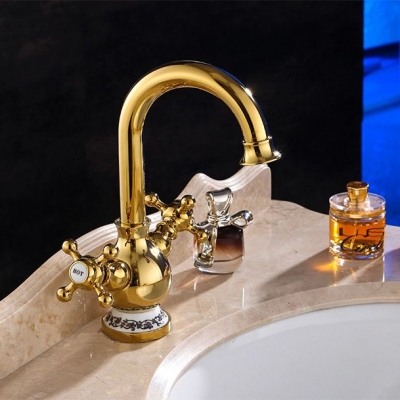 solid gold faucet, gold plated purified water basin faucet,deck mounted double lever wash faucet 2022k [golden-kitchen-faucet-3596]