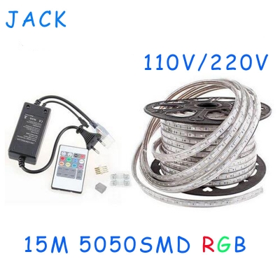 15m 110v/220v high voltage smd 5050 rgb led strips lights waterproof + ir remote control + power supply [5050-smd-series-338]