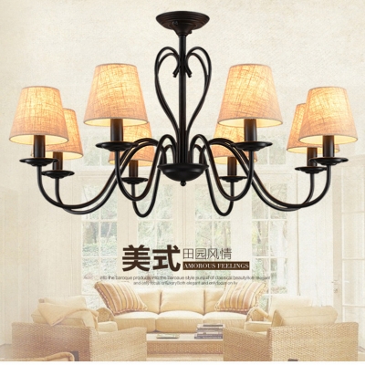 american style country iron pendant chandelier retro simple led ceiling chandelier with linen lampshades for living room