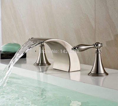 brushed nickel finish double handles waterfall bathroom basin sink faucet deck mount basin mixer taps [brushed-nickel-1132]