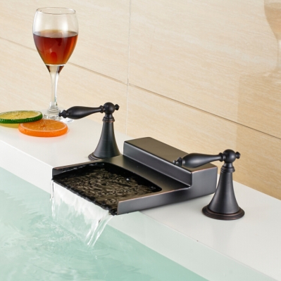 luxury brass waterfall basin vessel sink faucet double handles lavatory sink mixer tap 3pcs oil rubbed bronze