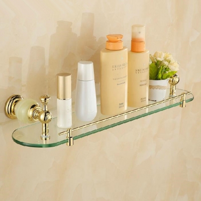 ! wall mounted jade golden bathroom shelf brass made base + glass shelf single tier bathroom accessories hy-28a [bathroom-shelf-901]