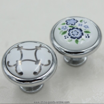 32mm silver kichen cabinet knobs blue flower ceramic drawer pulls silver zinc alloy dresser wardrobe handles pulls knobs tc42