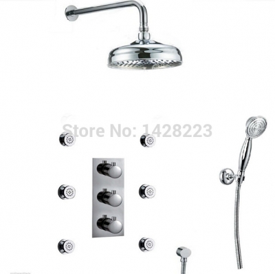 chrome finished brass temperature control 6pcs body massage jet shower mixer faucet w/ handshower [chrome-1658]