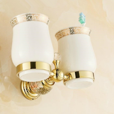 crystal+ brass+glass bathroom accessories gold double cup tumbler holders,toothbrush cup holders hk-32k [cup-holder-2665]