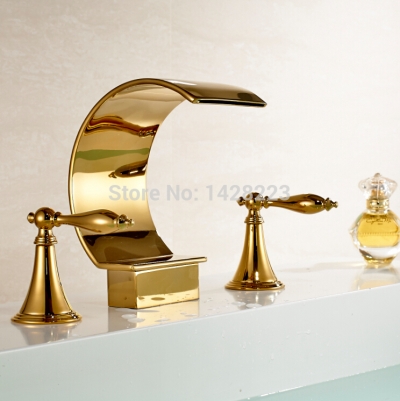 fashion waterfall spout dual handles basin vessel sink faucet deck mounted three holes bathroom mixer taps [golden-3238]