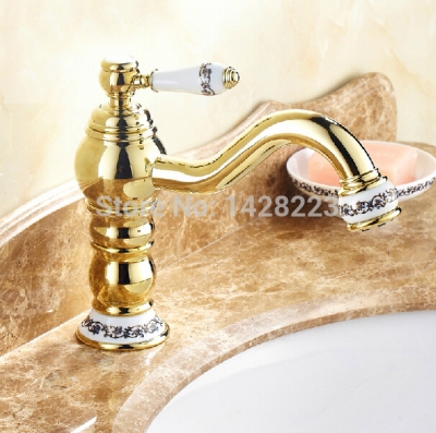 golden deck mounted long swivel spout basin sink faucet single handle brass bathroom vessel sink mixer tap [golden-3230]