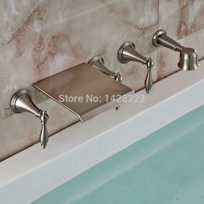 good-quality wall mounted three handles widespread bathroom tub faucet + handheld shower brushed nickel finished