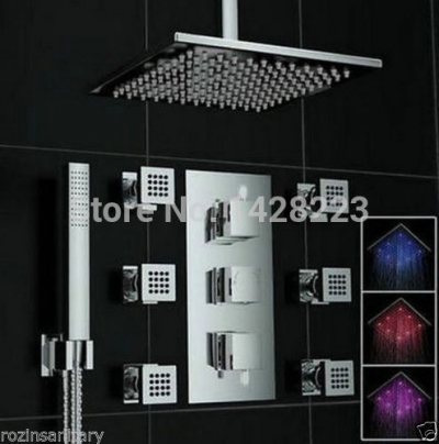 luxury concealed install rainfall led color changing thermostatic shower faucet with hand shower + 6pcs body massage jets [chrome-1608]