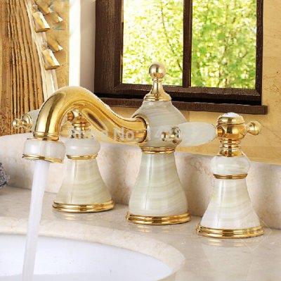 luxury deck mounted widespread 8" basin sink faucets golden and white jade bathroom and color mixer taps [golden-3262]