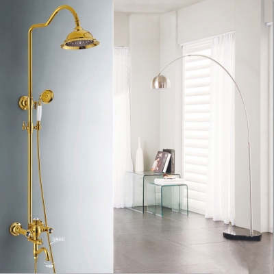 luxury gold-plate wall mounted rainfall bath & shower faucet with handheld shower with 8" brass shower head 5873-a [gold-finish-shower-set-3166]