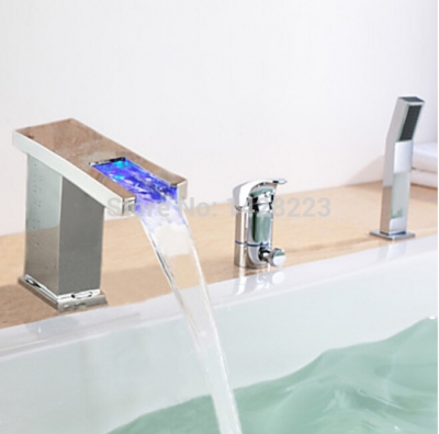 luxury multi-color led widespread waterfall square tub faucet with hand shower chrome finished