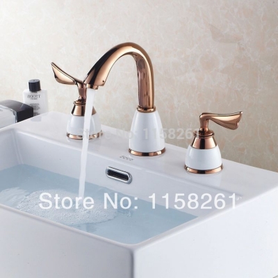 new design 3pcs rose gold polished solid brass white ceramic bathroom sink mixer tap basin faucet hj-6735m