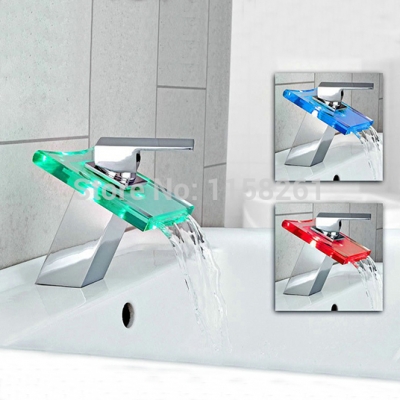 new waterfall 3 colors led bathroom basin mixer tap sink glass chrome brass deck mounted faucet wf-6072 [led-faucet-4975]