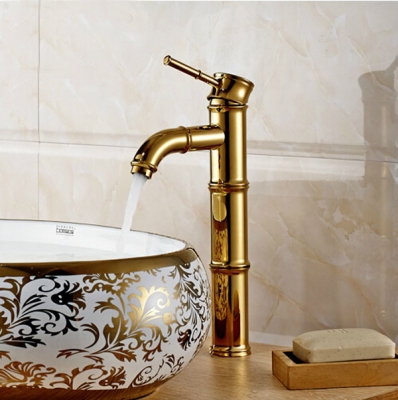 bamboo shape deck mount brass & cold basin faucet tap golden one hole countertop mixer taps