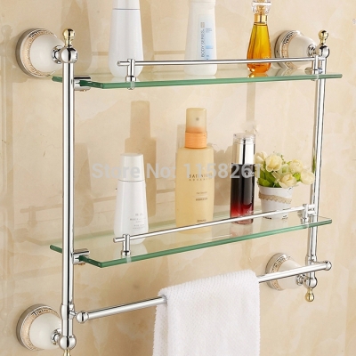 bathroom accessories solid brass chrome finish with tempered glass,double glass shelf bathroom shelf 5516 [bathroom-shelf-908]