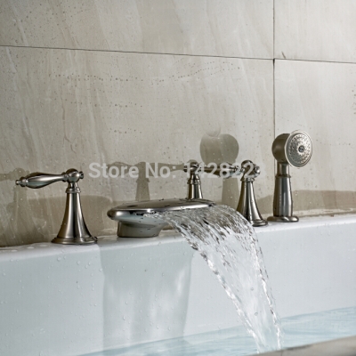 deck mounted three handles waterfall bathtub faucet set brushed nickel with handshower bathroom tub faucet