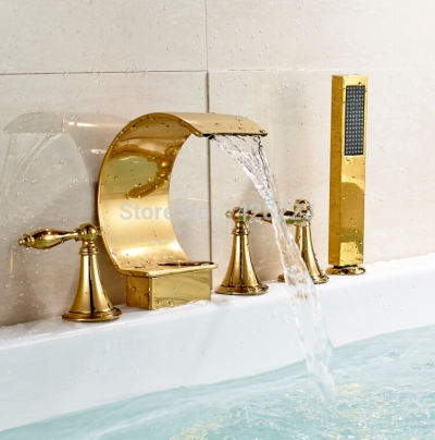deluxe brass waterfall spout bathtub mixer taps deck mounted 5pcs set bathroom tub faucet set with handheld shower
