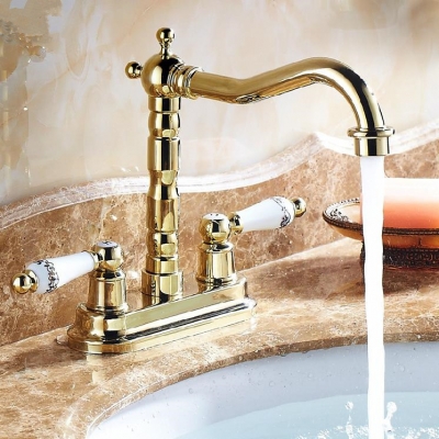 golden brass deck mounted dual ceramics handles bathroom vessel sink basin faucet swivel mixer taps 9305k