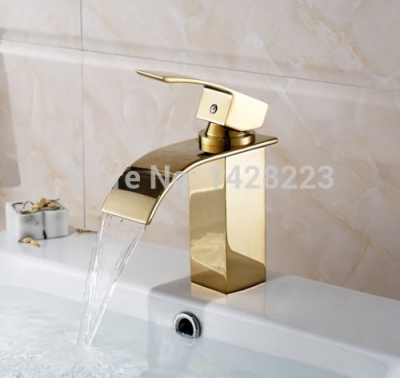 luxury gold plated and cold water bathroom waterfall basin sink faucet single handle square basinmixer tap