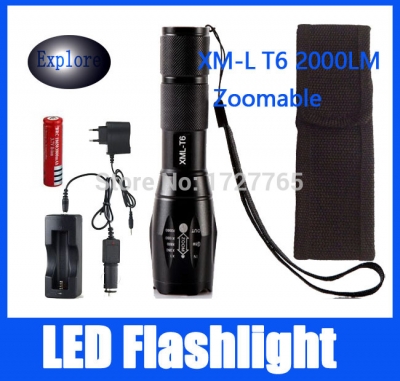 2000 lm portable light led torch zoom led flashlight with nylon holster holder 1 battery power adapter car charger [torch-with-battery-5857]