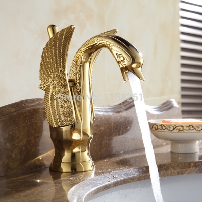 2014new design luxury copper and cold taps swan faucet gold plated gold wash basin faucet mixer taps hj-35k