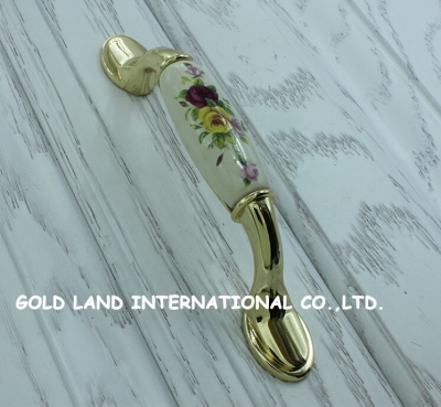 96mm 10pcs luxury gold color pull printing rose in ceramic rural style door handle cabinet cupboard hardware fitting pull