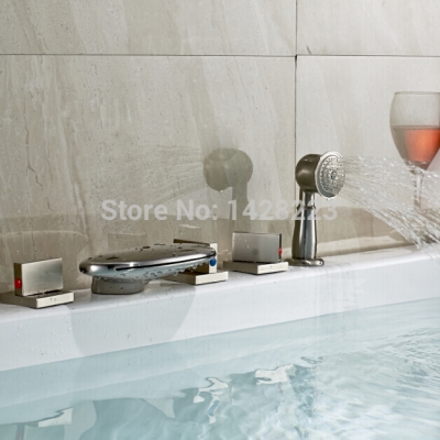 beautifull deck mounted waterfall bathroom tub mixer taps brushed nickel bathtub shower faucet with handshower