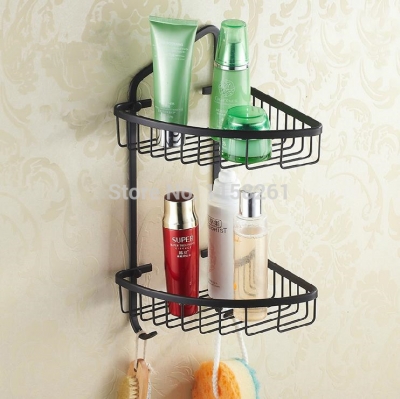 black brass bathroom accessory kitchen and bathroom shelf dual tier with hook shower bracket triangle basket 128r [bathroom-shelf-944]