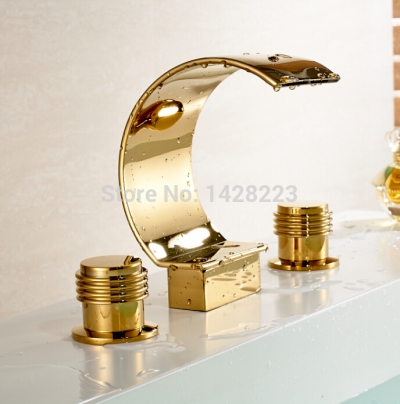 creative design waterfall spout basin sink faucet deck mounted three holes bathroom mixer taps with dual handles