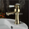 golden single ceramic handle bathroom sink basin mixer taps deck mounted one hole
