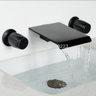 modern wall mounted 3pcs waterfall bathroom basin sink faucet dual handles widespread basin mixer taps [oil-rubbed-bronze-6537]