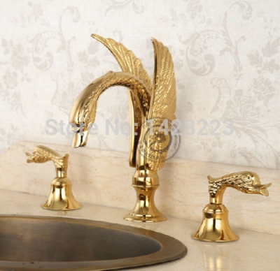 swan shape gold-plate bathroom basin vessel sink faucet deck mounted dual handle 3 holes basin mixer tap [golden-3218]