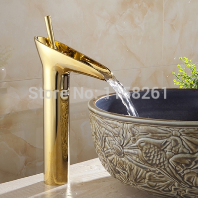 whole and retail promotion waterfall bathroom golden faucet single handle vanity sink mixer tap deck mount al-9207k