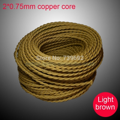 (5m/lot) 2* 0.75mm light brown antique twisted electrical lamp cable p.v. knitted cloth copper conductor braided electrical wire