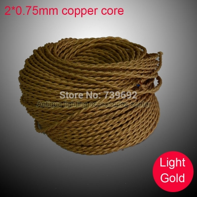 (5m/lot) 2*0.75mm light gold vintage lamp double copper core braided electrical wire for pendant lights