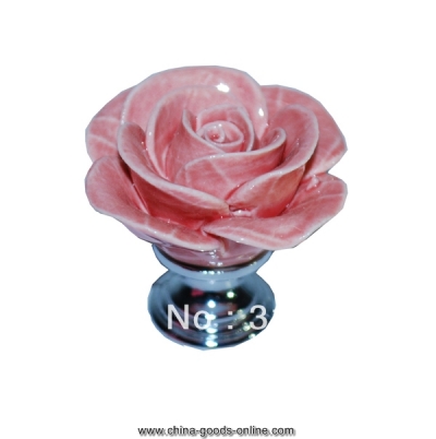 5pcs ceramic pink rose knobs with silver chrome base flower knob cabinet pull kitchen cupboard knob kids drawer knobs mg-16 [Door knobs|pulls-1766]