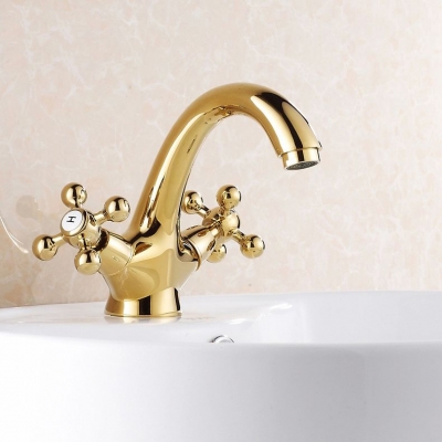 contemporary concise bathroom faucet golden polished brass basin sink faucet dual handle bath mixer hj-6655k [golden-bathroom-faucet-3325]
