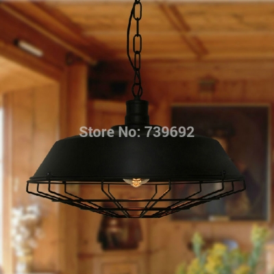 dia.26cm vintage wrought iron cage lamp+wire+e27 lamp holder+ceiling base iron pendant light 110v 220v loft work light [iron-pendant-lights-4560]