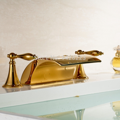 dual handles brass gold-plate basin sink mixer faucet + big waterfall spout deck mounted 3pcs [golden-3234]