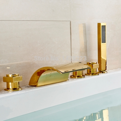 golden ti-pvd finish deck mounted waterfall bath tub faucet set widespread 5 pcs set bathtub mixer taps [5-pcs-tub-faucet-252]