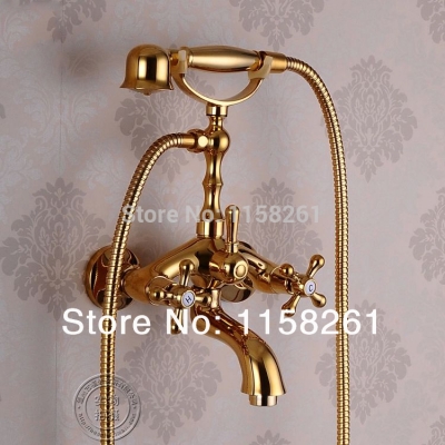 luxury antique style gold color bath tub faucet ceramic handle & handheld shower head faucet mixer tap hj*5014 [gold-finish-shower-set-3173]
