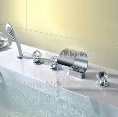 polished chrome widespread three handles waterfall bathtub faucet set with hand shower 5 holes