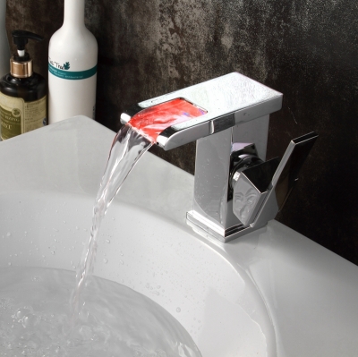 soild brass chrome finish faucet bathroom led light square spout waterfall faucets single handle vessel sink tap
