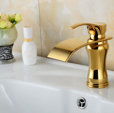 vessel sink faucets copper sink mixer gold finish faucets for bathroom waterfall basin tap [led-waterfall-faucet-6196]