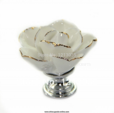 2pcs handmade white flower bud gold lace ceramic door cabinet cupboard drawer knob pull handle