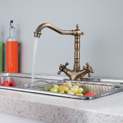 antique brass kitchen faucet double cross handle single hole faucets deck mounted swivel spout water tap
