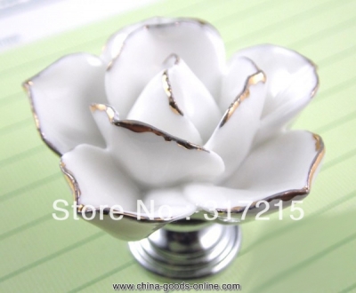 ceramic white rose knobs with silver chrome base flower knob hand painted cabinet pull kitchen cupboard knob kids knobs mg-18